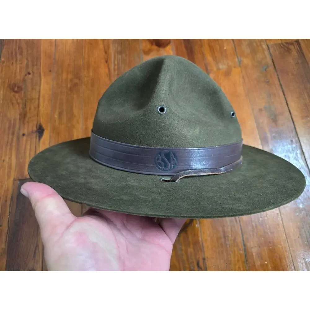 1970 Boy Scouts America BSA Campaign Hat 7 3/8 Drab Olive Champ Chin Strap